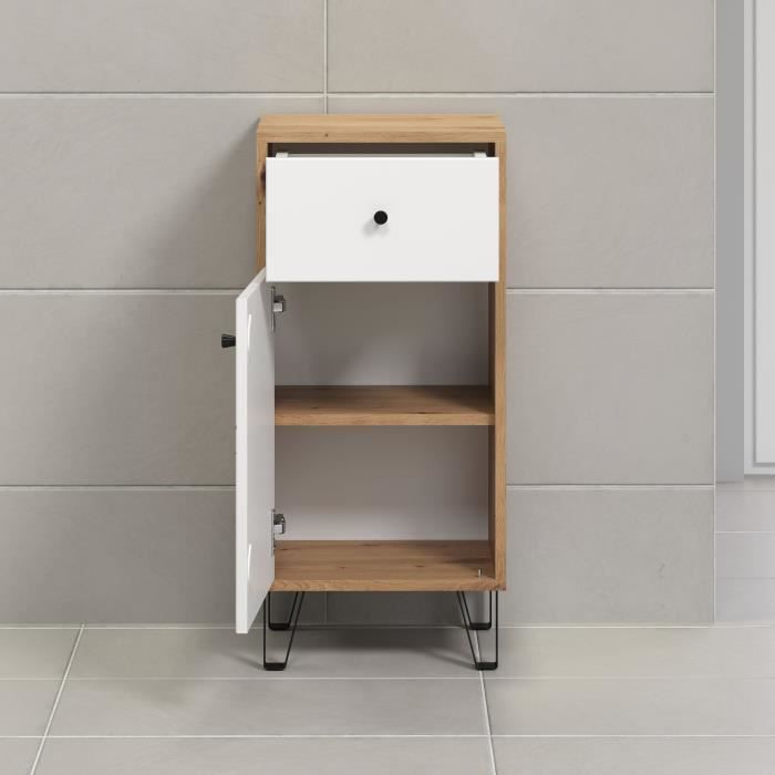 Bathroom furniture - low storage - Oak and white decor - L36 x D29 x H79 cm - TOUCH