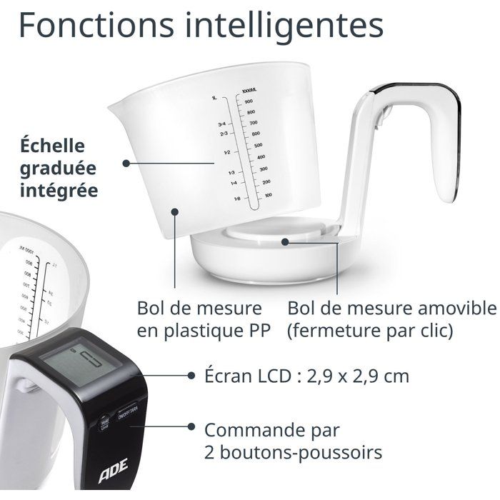Messbecher/Waage  ADE  FRANCA  Glas/Kunststoff  20,7 x 14,6 cm  Inkl. 1 Cr2032-Batterie
