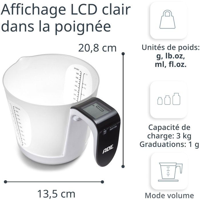 Messbecher/Waage  ADE  FRANCA  Glas/Kunststoff  20,7 x 14,6 cm  Inkl. 1 Cr2032-Batterie