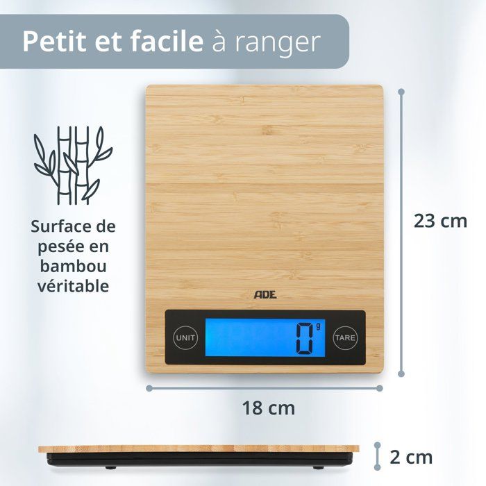 Digitale Küchenwaage  ADE  RAMONA  Bambus  23 x 18 x 2 cm  Inkl. 2 Cr2032-Batterien