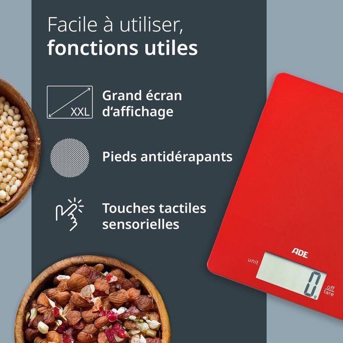 Digitale Küchenwaage  ADE  LEONIE  ABS-Kunststoff  22 x 17 cm  Inkl. 1 Cr 2032 Batterie  Rot