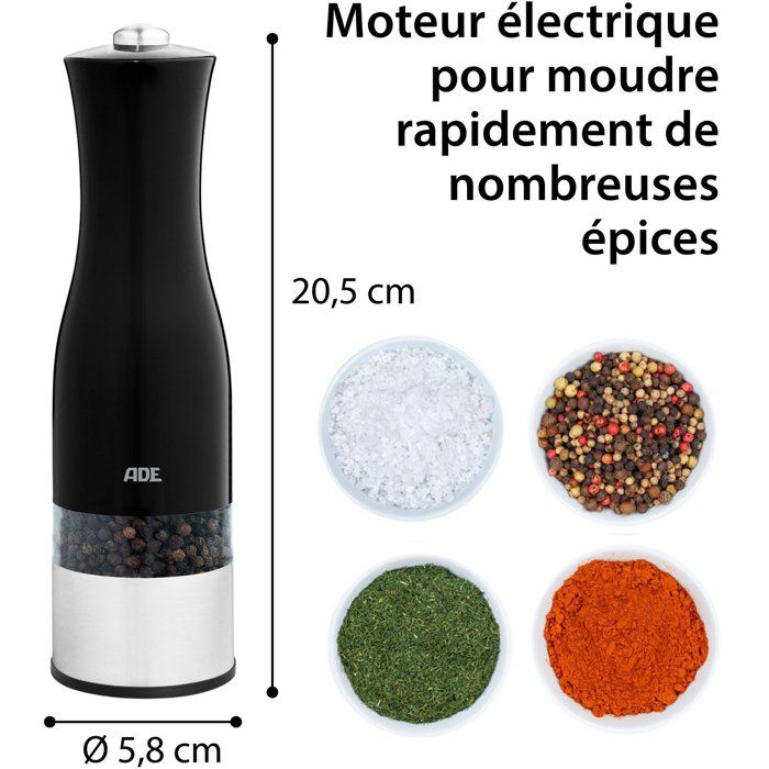 Elektrische Pfeffer-/Salzmühle  ADE  Küchenhelfer  Edelstahl/Kunststoff  Höhe 22,5 cm  Inkl. 6 