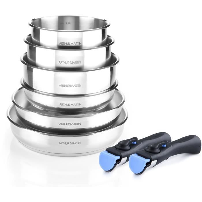 ARTHUR MARTIN AM5538 - 8-piece stainless steel cookware set: 3 pans, 3 saucepans, 2 handles - All ho