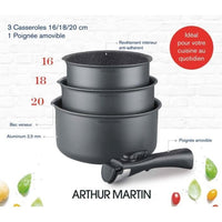 Arthur Martin AM777GM kitchen battery set of 3 pans - matt gray 16-18-20 cm + 1 removable handle - A