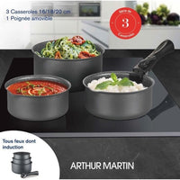 Arthur Martin AM777GM kitchen battery set of 3 pans - matt gray 16-18-20 cm + 1 removable handle - A