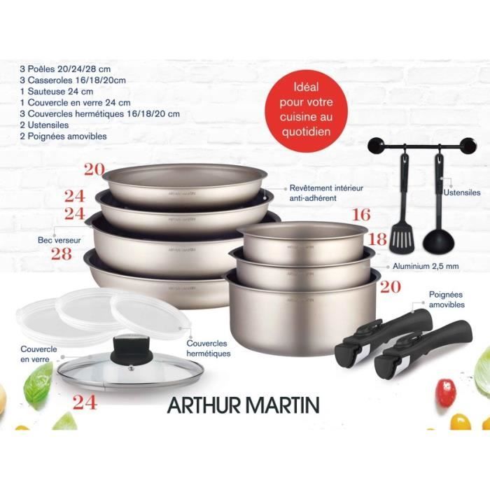 Cooking battery Arthur Martin AM133ch 15 pieces - aluminum - Removable handle - All lights including