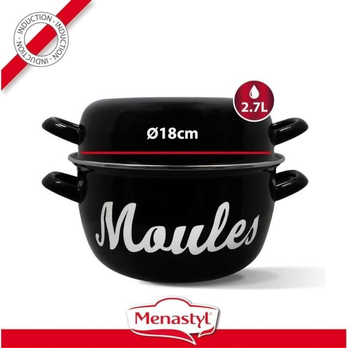 Mussel pot - MENASTYL - 3645563 - Enamelled steel - Black - 18 cm - With writing - All hobs includin