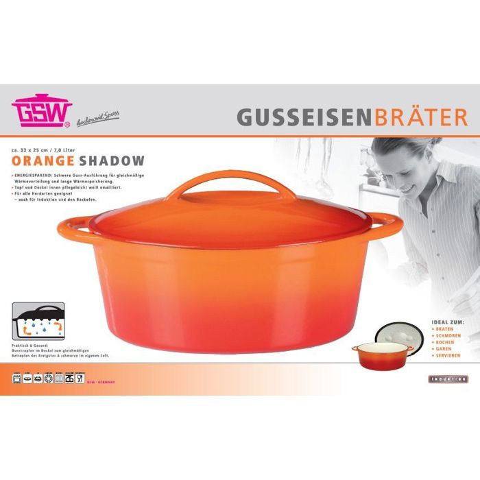 Massiver gusseiserner Schmortopf  GSW  33 x 25 cm  Orange  Oval  Induktionsgeeignet