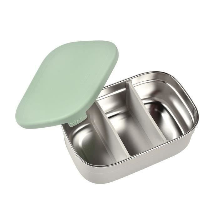 BEABA, Children's stainless steel lunch box, silicone lid and protective cover, Velvet gray and sage