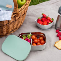 BEABA, Children's stainless steel lunch box, silicone lid and protective cover, Velvet gray and sage