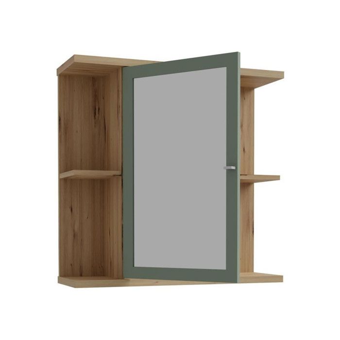 Wandschrank  Eiche Artisan / Salbeigrün  1 Tür mit Spiegel  Badezimmermöbel  69,9 x 23,2 x 68,8 