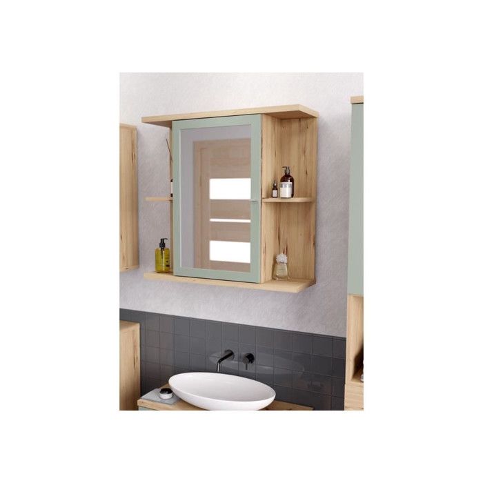 Wandschrank  Eiche Artisan / Salbeigrün  1 Tür mit Spiegel  Badezimmermöbel  69,9 x 23,2 x 68,8 