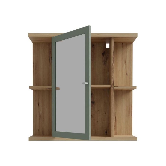 Wandschrank  Eiche Artisan / Salbeigrün  1 Tür mit Spiegel  Badezimmermöbel  69,9 x 23,2 x 68,8 