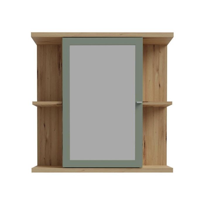Wandschrank  Eiche Artisan / Salbeigrün  1 Tür mit Spiegel  Badezimmermöbel  69,9 x 23,2 x 68,8 