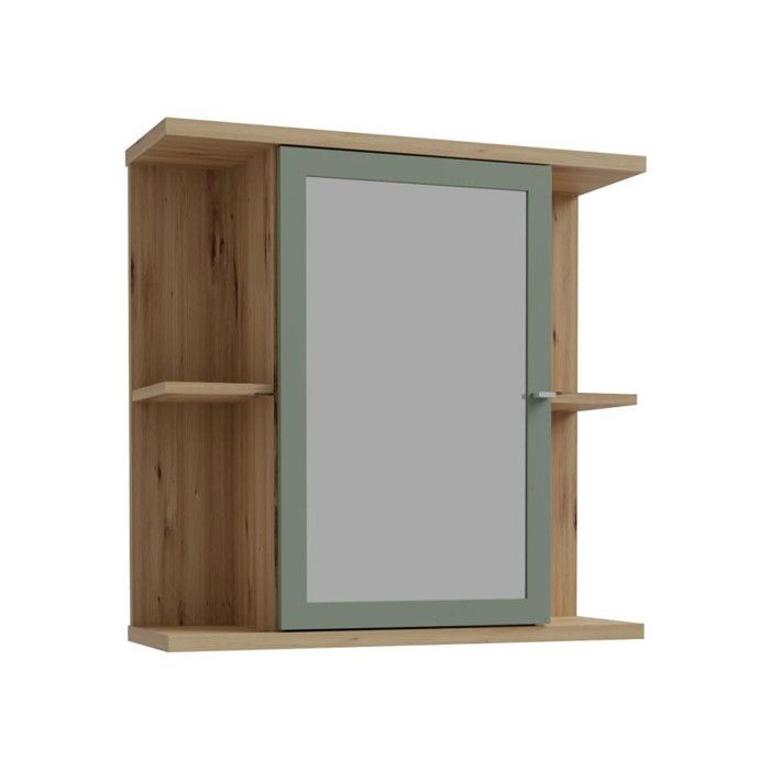 Wandschrank  Eiche Artisan / Salbeigrün  1 Tür mit Spiegel  Badezimmermöbel  69,9 x 23,2 x 68,8 