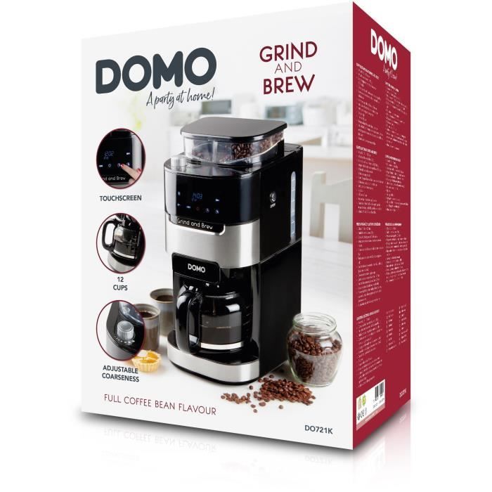 DOMO DO721K - 1.5L coffee maker - 12 cups - LCD screen, touch buttons - Integrated coffee grinder - 