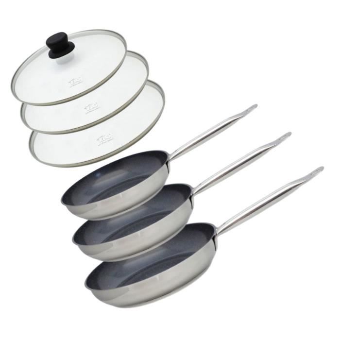 3er-Set Induktionsbratpfannen mit Glasdeckeln  ELO  Professional  Edelstahl 18/10 ELODUR  Ø 24, 