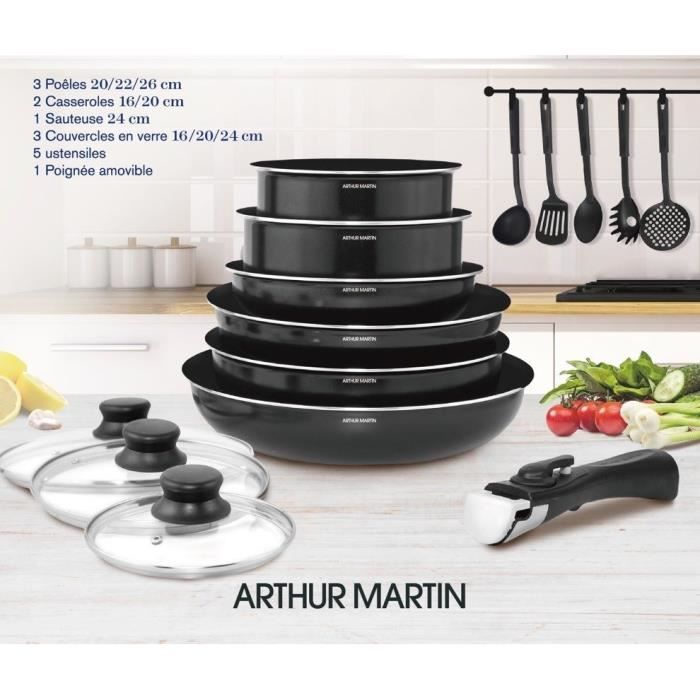 Arthur Martin Removable kitchen battery 15 pieces 16-20-22-24-26 cm black-All lights including induc