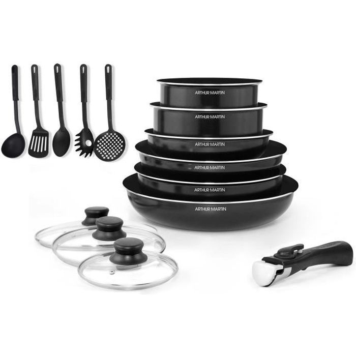 Arthur Martin Removable kitchen battery 15 pieces 16-20-22-24-26 cm black-All lights including induc