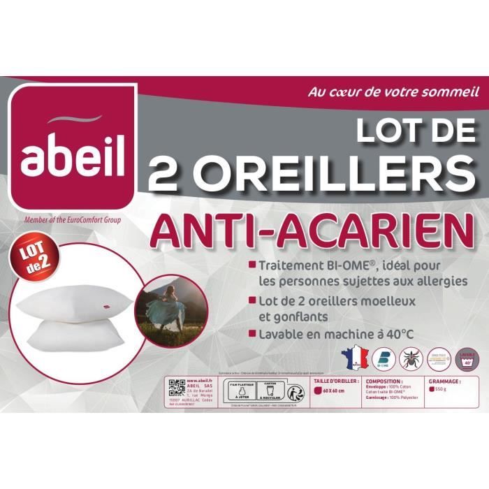 Set of 2 anti -acarian pillows - 60 x 60 cm - 100% Bioma treated cotton - Abeil