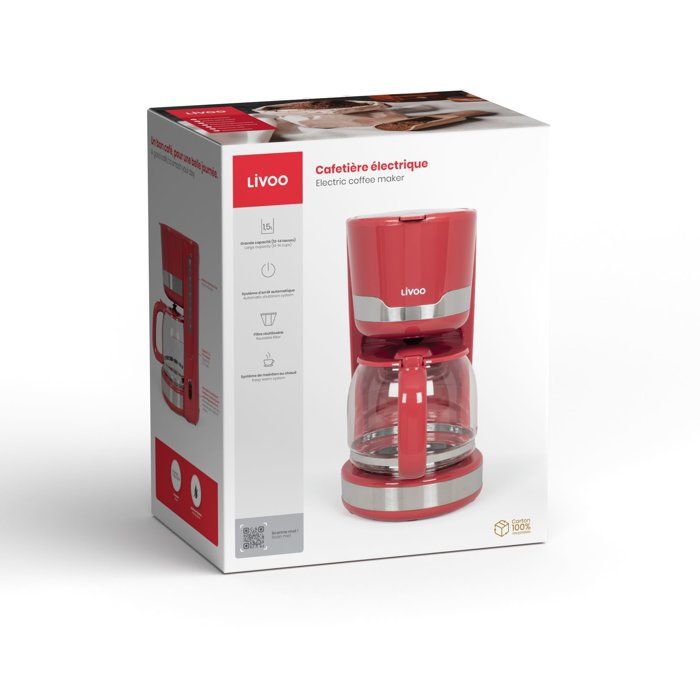 Elektrische Kaffeemaschine  LIVOO  DOD201RC  1000 W  1,5 l  12 bis 14 Tassen  Chilirot