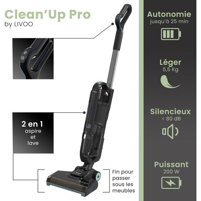 Akku-Stielstaubsauger  LIVOO  DOH147V CLEAN'UP PRO  11.000 Pa  200 W  25 Min. Laufzeit  600 ml