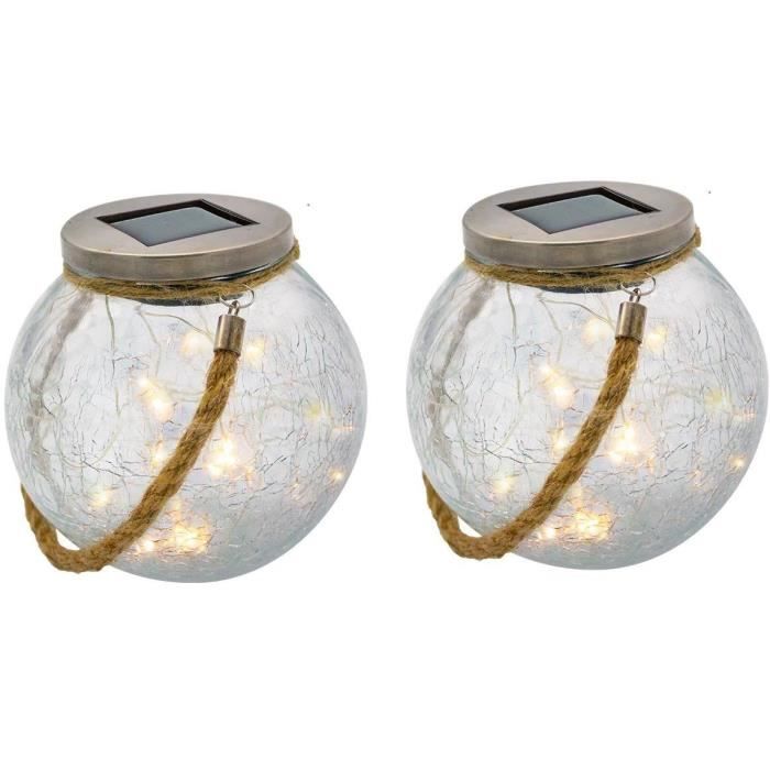 Set of 2 solar balls - LUMISKY - CRACK BALL CORD - H13 cm - Cracked glass to place - Micro rope hand