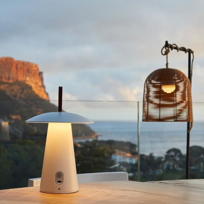Cordless table lamp - LUMISKY - FUNGY - H29 cm - Aluminum - Leather handle - Warm white LED