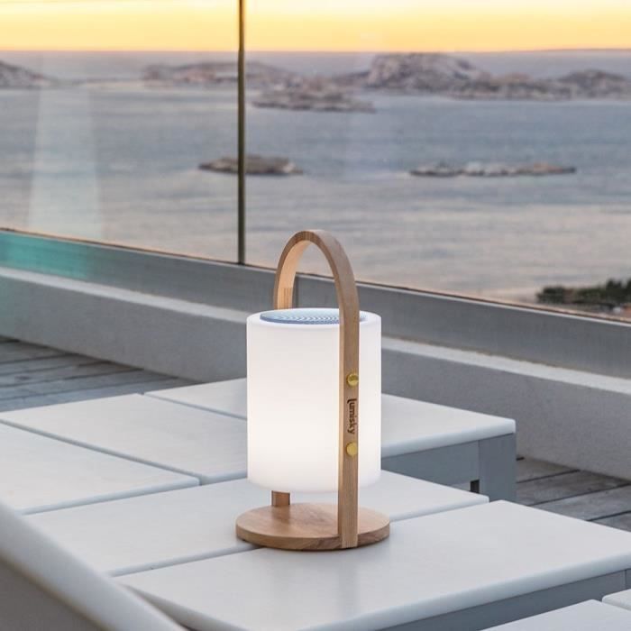 Wireless Bluetooth speaker lamp - LUMISKY - WOODY PLAY - H37 cm - Wooden handle - Dimmable white and