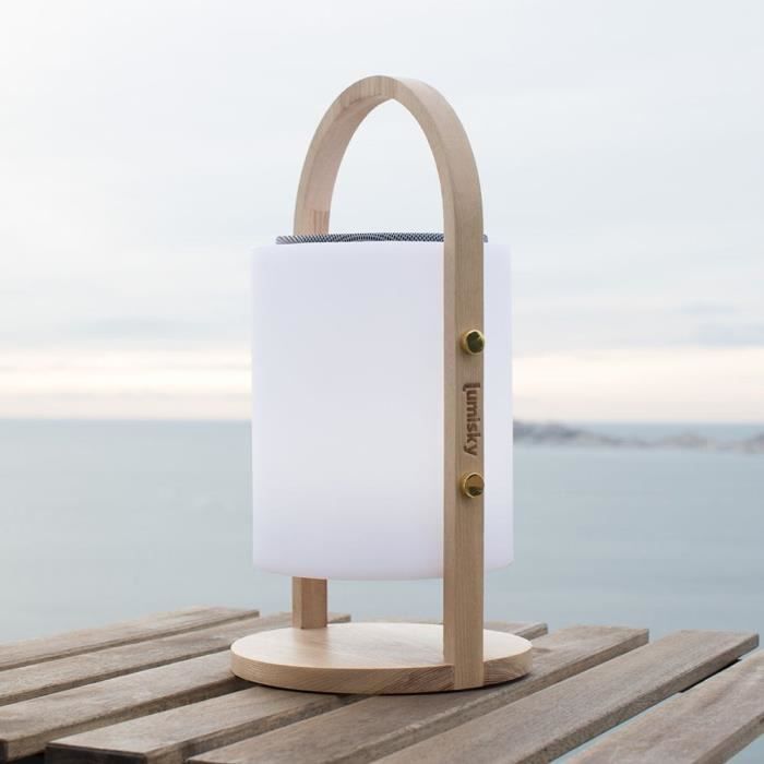 Wireless Bluetooth speaker lamp - LUMISKY - WOODY PLAY - H37 cm - Wooden handle - Dimmable white and