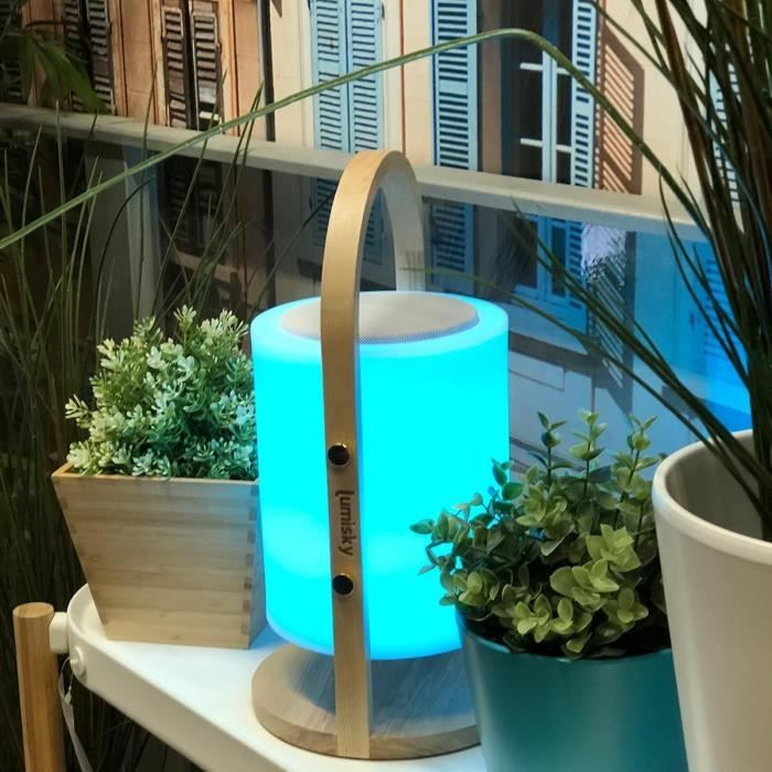 Wireless Bluetooth speaker lamp - LUMISKY - WOODY PLAY - H37 cm - Wooden handle - Dimmable white and