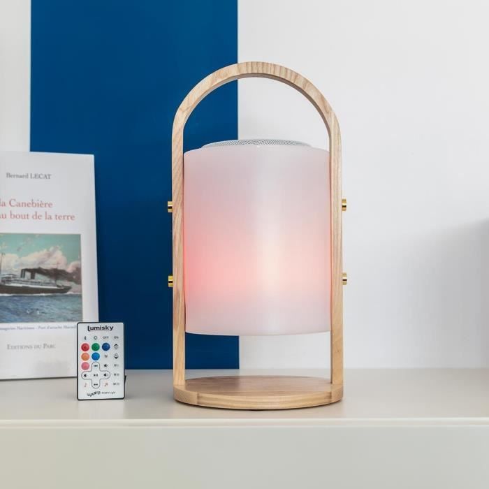 Wireless Bluetooth speaker lamp - LUMISKY - WOODY PLAY - H37 cm - Wooden handle - Dimmable white and