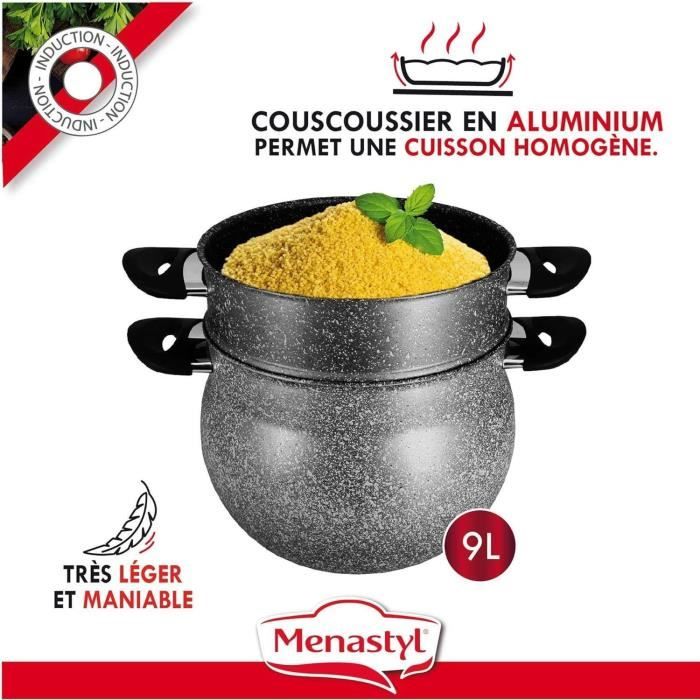 Couscoussier - MENASTYL - 6020033 - Marble effect aluminum - 9 liters - Suitable for all heat source