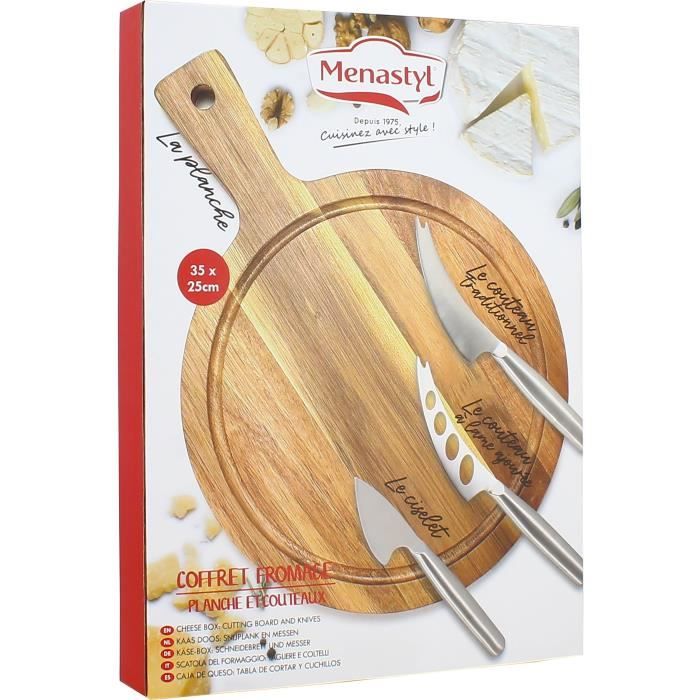 Schneidebrett - MENASTYL - 5040076 - Rechteckig - Akazienholz - Mit 3 Edelstahl-Käsemessern