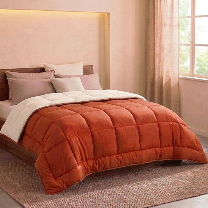 POYET MOTTE Microfiber duvet 400g / m² CALGARY - 220 x 240 cm - Pebble gray and Gimgember brown