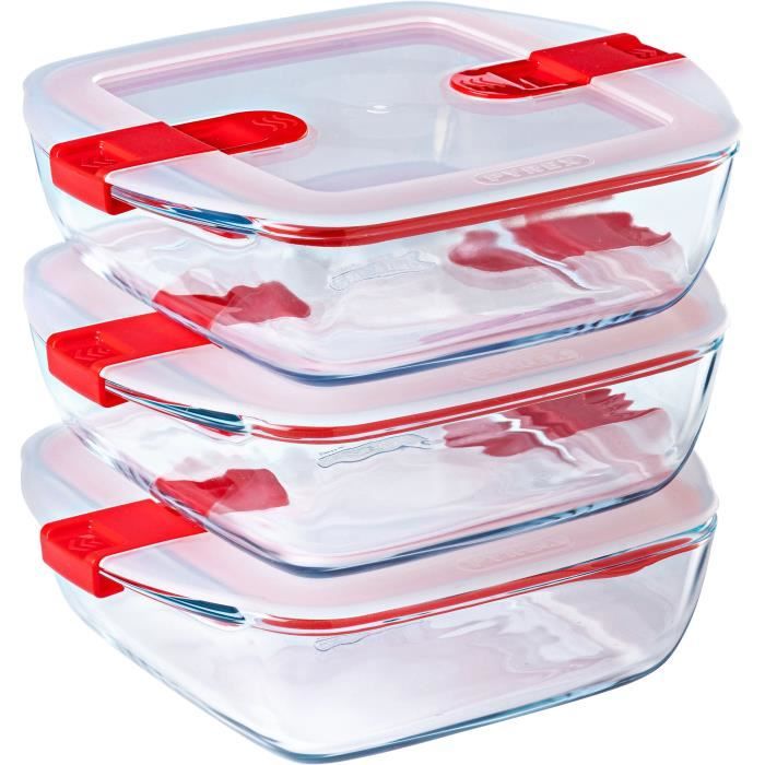 3er-Set Lunchboxen - PYREX - Cook & Heat - Glas - Quadratisch - Deckel mit Dampfventilen, speziell f