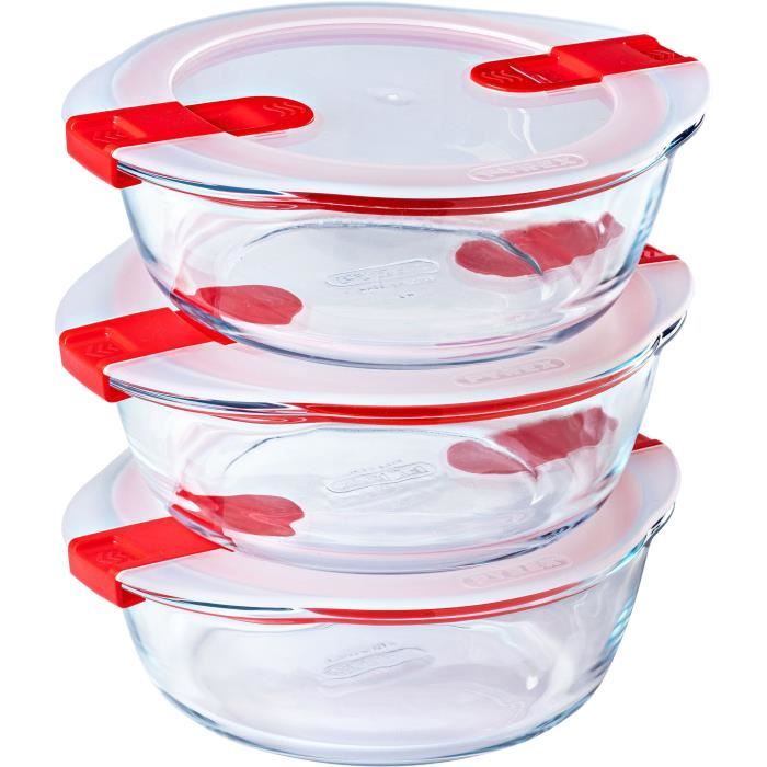 3er-Set Lunchboxen - PYREX - Cook & Heat - Glas - Rund - Deckel mit Dampfventilen, mikrowellengeeign